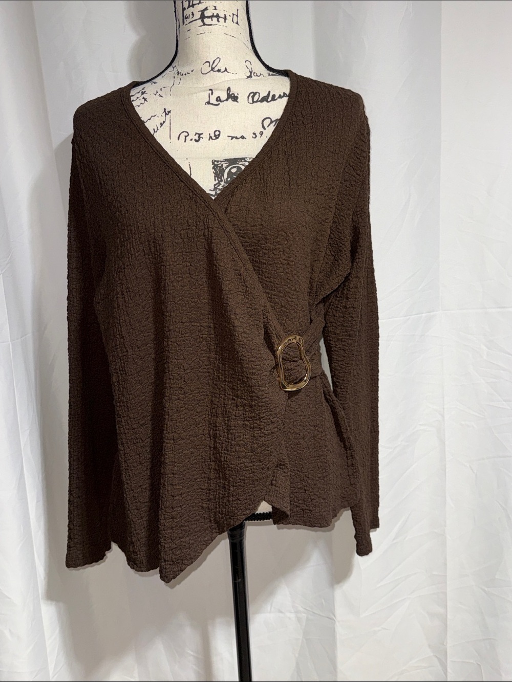 Maurices Studio Y Brown V-Neck Wrap Sweater with Decorative Buckle